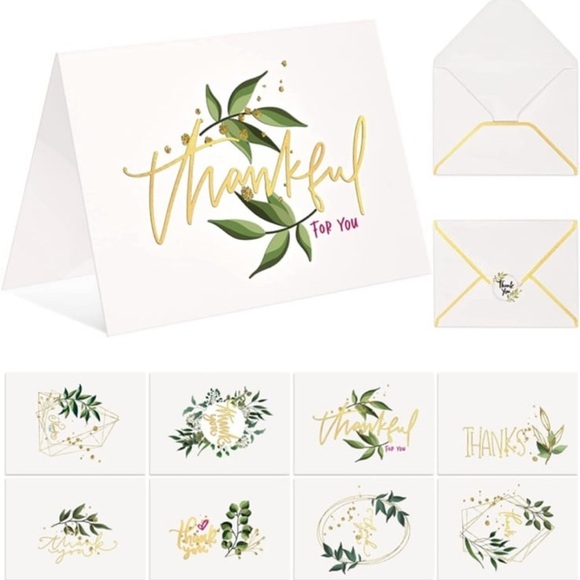 48 Gold Foil Green Leaves Thank You Cards w/ Envelopes & Sticker Seals – NEW - Picture 1 of 5